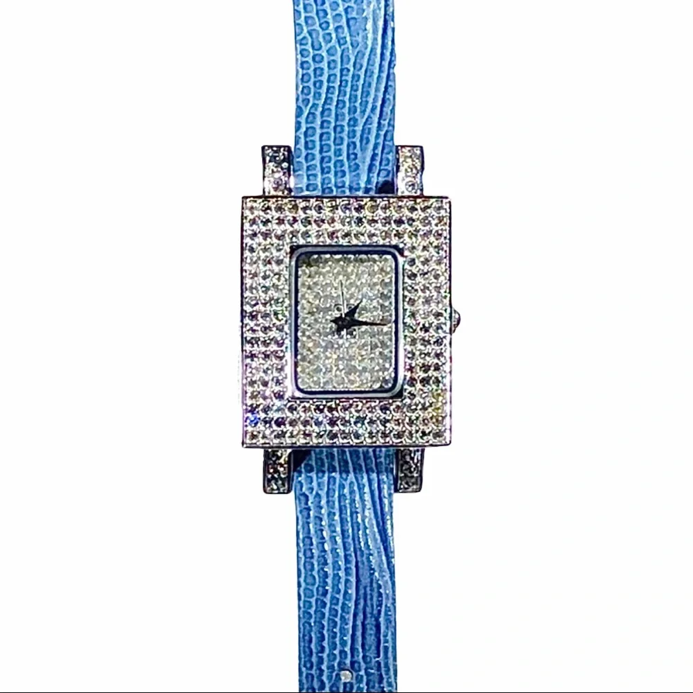 ADRIENNE LIMITED PAVE CRYSTAL ART DECO WATCH W BLUE LEATHER LIZARD PRINT BAND